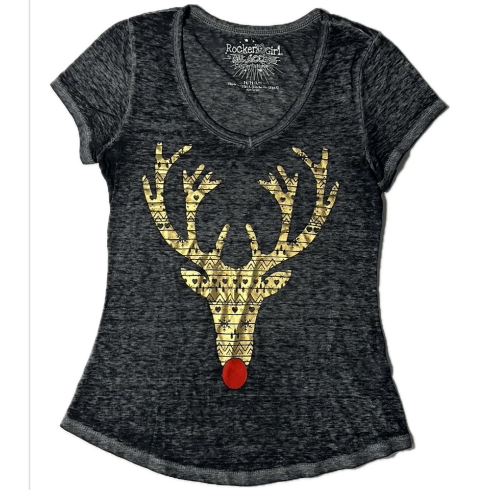 Rocker Girl size Medium 7-9 girls short sleeve shirt Reindeer rudolf‎ christmas